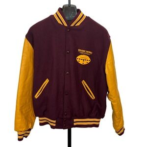 Vtg 80’s Holloway College Bomber Jacket XL Burgundy Gold Varsity Wool Leath…